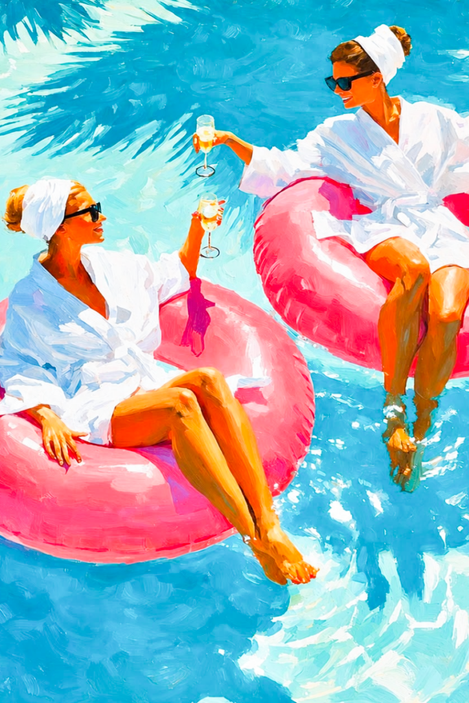 Women relaxing on inner tubes in a pool while enjoying the effects of myrcene.