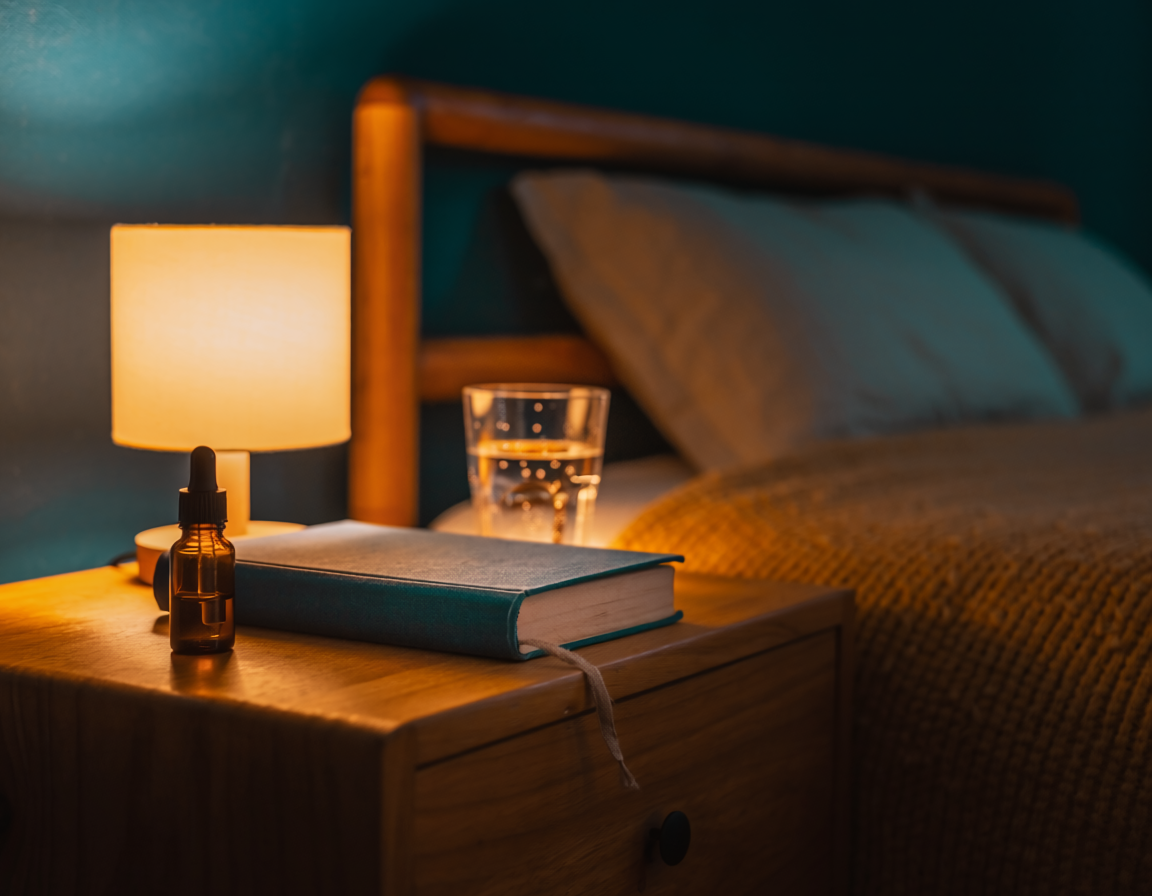 Soft nighttime bedroom scene with warm candlelight — Ritual Cannabis sleep blog