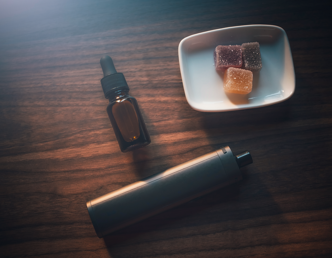 An overhead view of a nightstand with a tincture bottle, a small dish with a few gummies, and a vape pen.